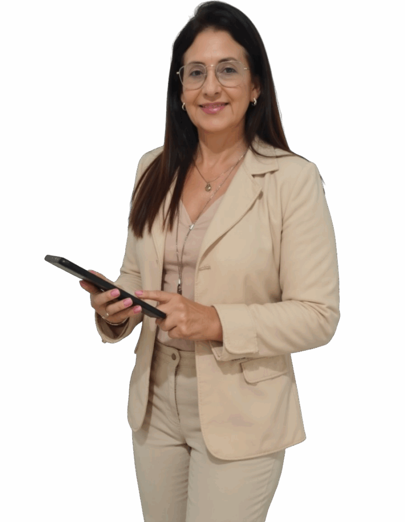 Psicóloga Genori Oliveira sorrindo, usando óculos e roupa social bege, segurando um tablet. Ela transmite profissionalismo, empatia e acolhimento.