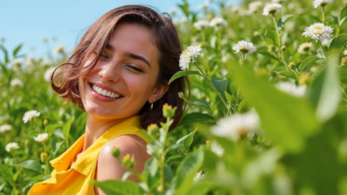 Mulher sorrindo com leveza em um campo de flores sob o sol, representando bem-estar, equilíbrio emocional e leveza proporcionados pela psicologia no dia a dia.