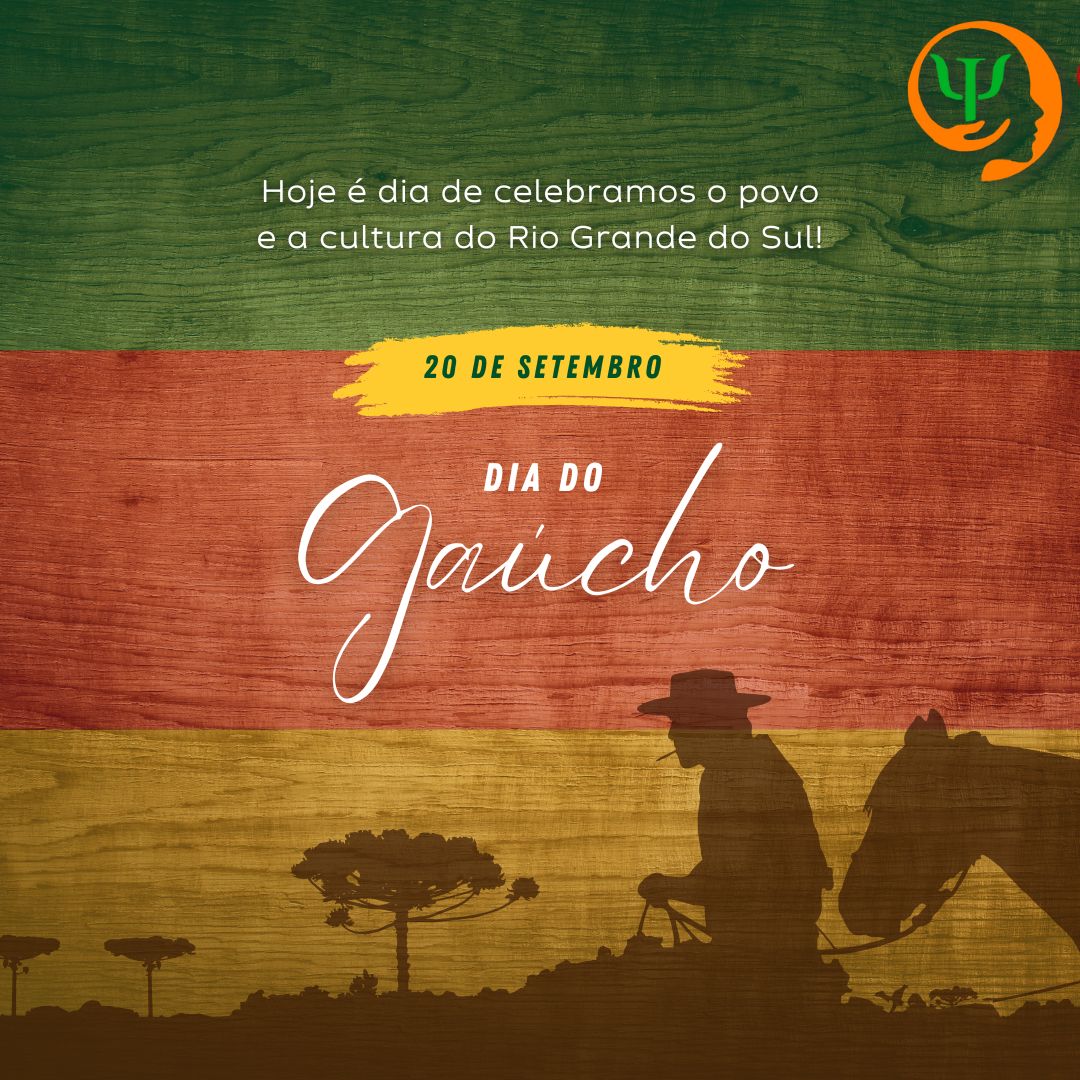 Arte comemorativa do Dia do Gaúcho, com as cores verde, vermelho e amarelo, a frase “20 de setembro – Dia do Gaúcho” e a silhueta de um homem a cavalo.