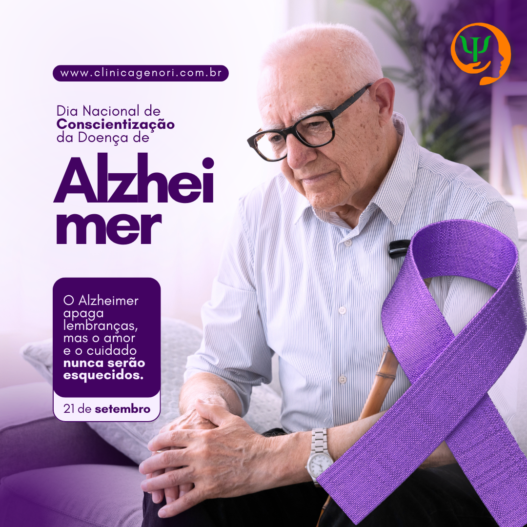 Senhor idoso pensativo com bengala ao lado de laço roxo em arte do Dia do Alzheimer, 21 de setembro, pela Clínica Genori.